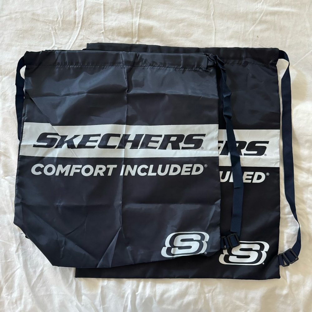 2 x SKECHERS Nylon Drawstring Backpack White Logo Gym Travel Midnight Blue Bag